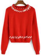 Romwe Long Sleeve Embellished Red Sweater
