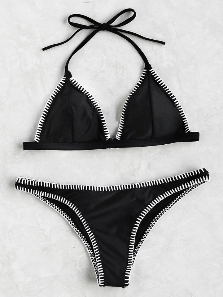 Romwe Contrast Binding Triangle Bikini Set