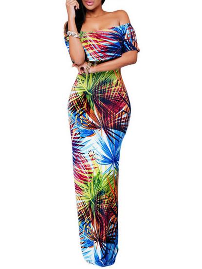Romwe Off The Shoulder Tropical Print Beach Dress