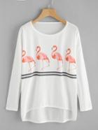Romwe Flamingo Print Drop Shoulder Dip Hem Tee