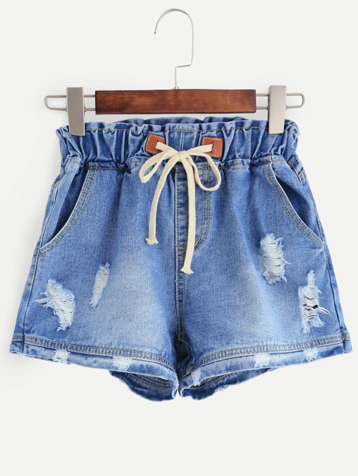 Romwe Blue Ripped Drawstring Denim Shorts