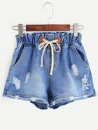 Romwe Blue Ripped Drawstring Denim Shorts