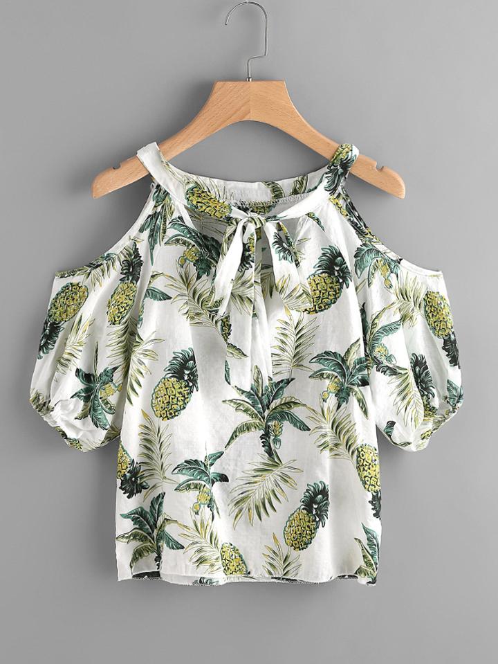 Romwe Jungle Print Open Shoulder Tie Front Blouse