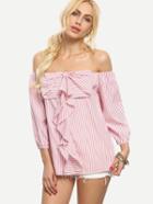 Romwe Pink Striped Bow Off The Shoulder Blouse
