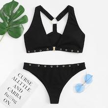 Romwe Ribbed V-plunge Eyelet Ring Detail Bikini Set