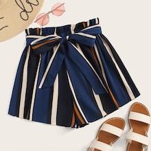 Romwe Paperbag Waist Striped Belted Shorts