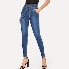 Romwe Stitch Detail Faded Wash Waist Tie Jeggings