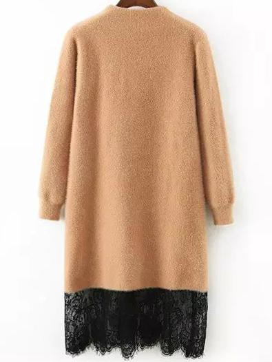Romwe Mock Neck Contrast Lace Khaki Sweater Dress