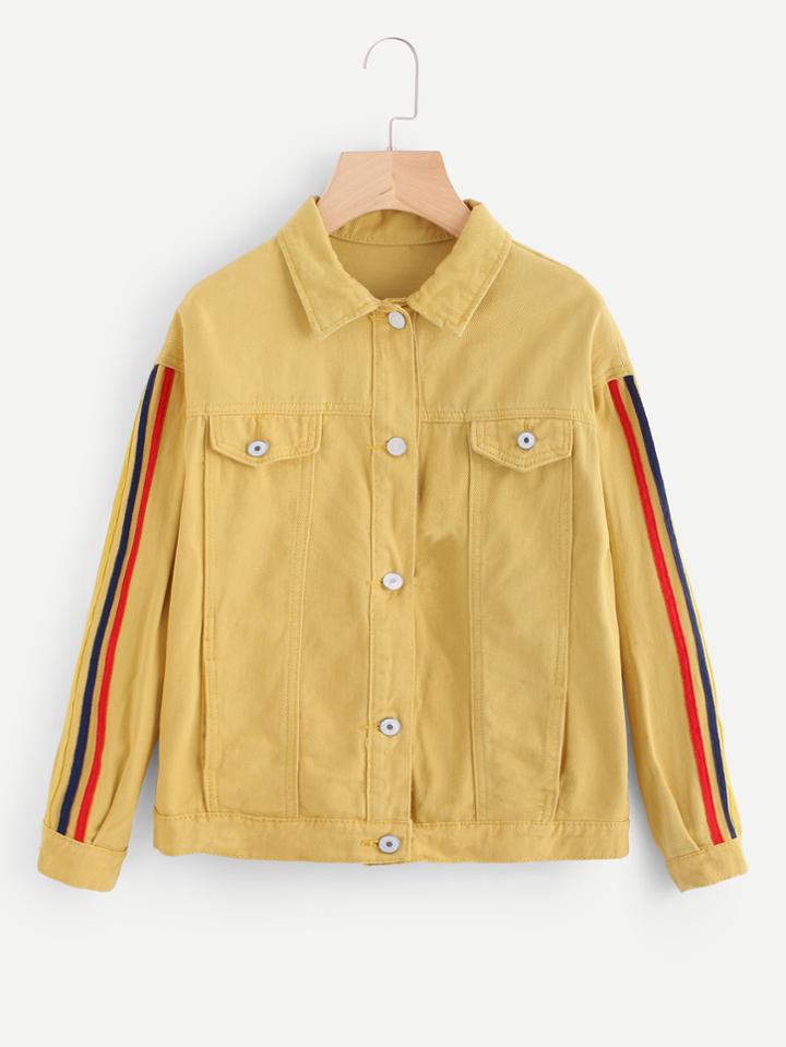 Romwe Slogan Embroidered Back Tape Detail Denim Jacket