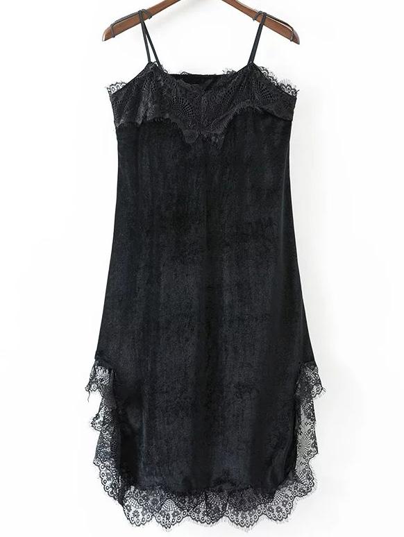 Romwe Black Eyelash Detail Velvet Cami Dress
