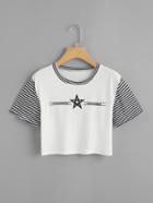 Romwe Slogan Print Striped Sleeve Crop Tee
