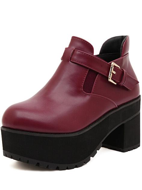 Romwe Burgundy Round Toe Buckle Strap Pu Boots