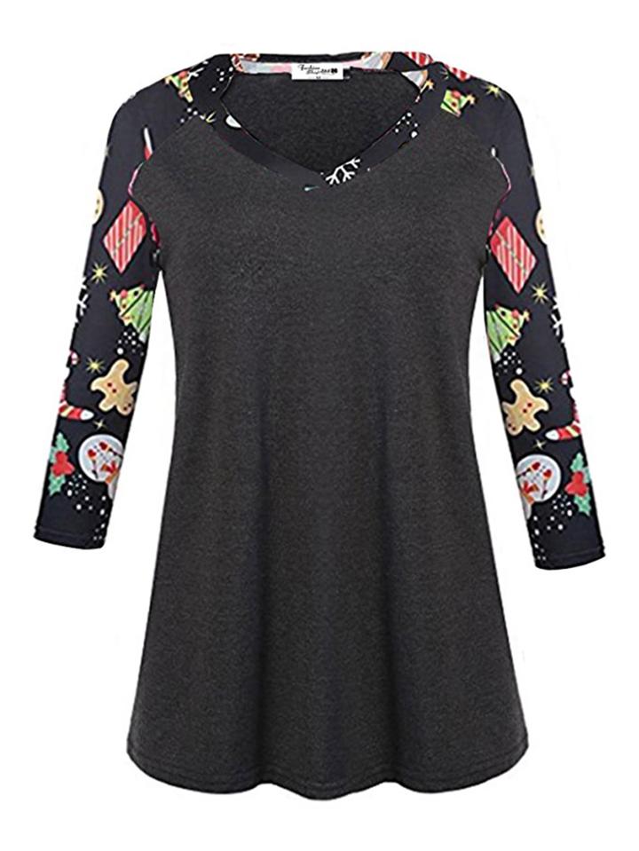 Romwe V Neckline Snowflake Print Sleeve Tee