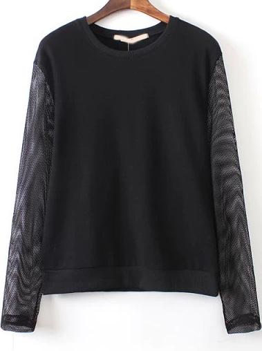 Romwe Black Contrast Sheer Mesh Long Sleeve Sweatshirt