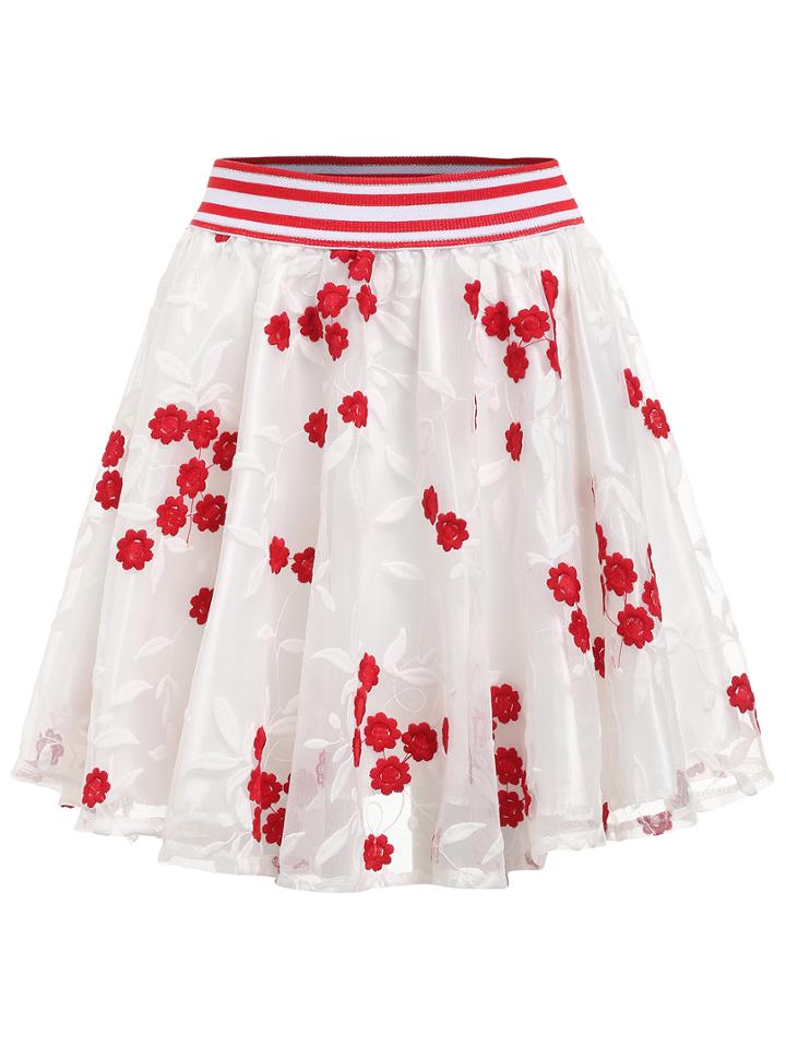 Romwe Red Striped Trim Embroidered A-line Skirt