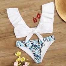 Romwe Ruffle Plunge Neck Top With Random Leaf Print Bikini