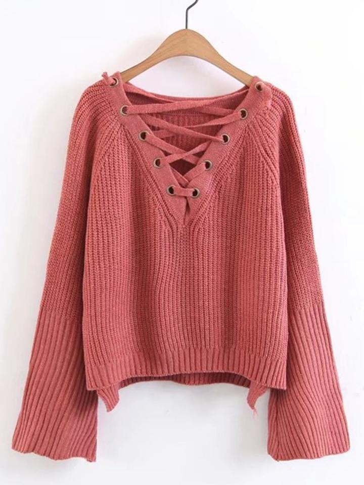 Romwe Lace Up Plunge Neckline High Low Sweater