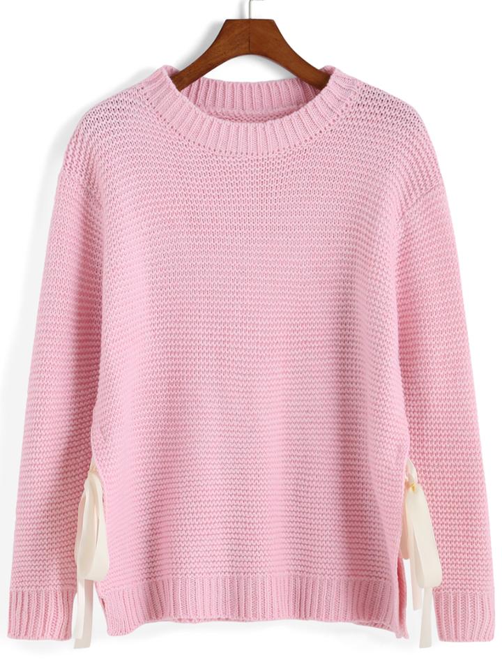 Romwe Round Neck Slit Bow Pink Sweater