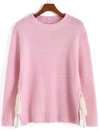 Romwe Round Neck Slit Bow Pink Sweater
