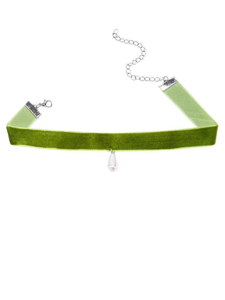 Romwe Green Faux Pearl Pendant Velvet Choker Necklace