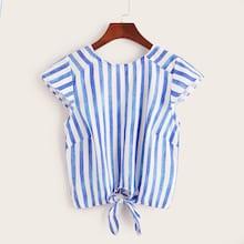 Romwe Vertical Striped Knot Hem Blouse