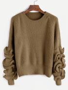 Romwe Khaki Drop Shoulder Ruffle Trim Fuzzy Sweater