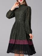 Romwe Army Green Collar Long Sleeve Lace Dress