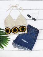 Romwe Sunflower Crochet Halter Top
