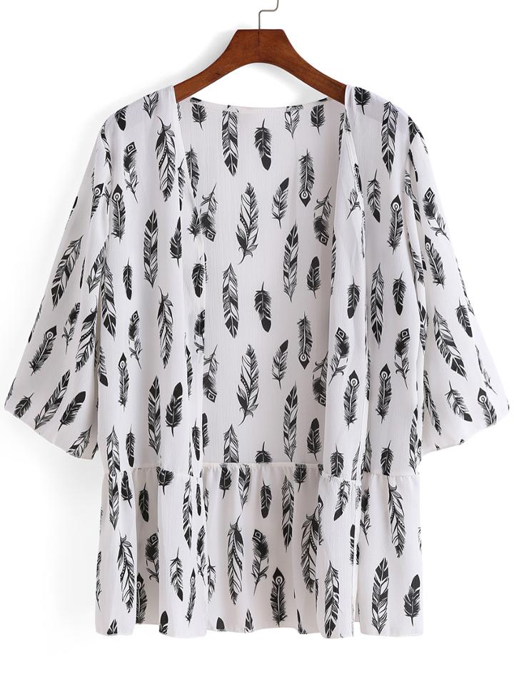 Romwe Feather Print Chiffon White Top