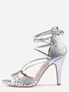 Romwe Laser-cut Lace-up Peep Toe D'orsay Sandals - Silver