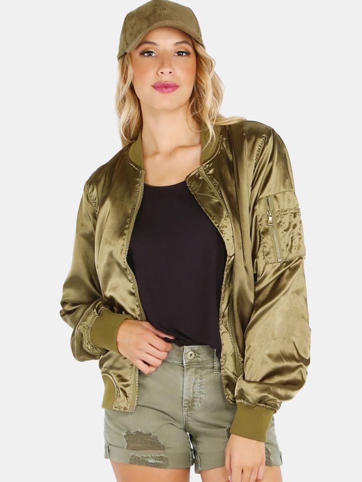 Romwe Satin Ruched Bomber Jacket Olive