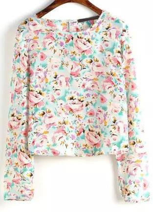 Romwe Green Long Sleeve Floral Crop Blouse