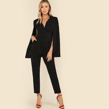 Romwe Plunging Neck Cloak Sleeve Solid Jumpsuit