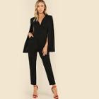 Romwe Plunging Neck Cloak Sleeve Solid Jumpsuit