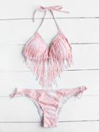 Romwe Fringe Halter Lace Up Bikini Set