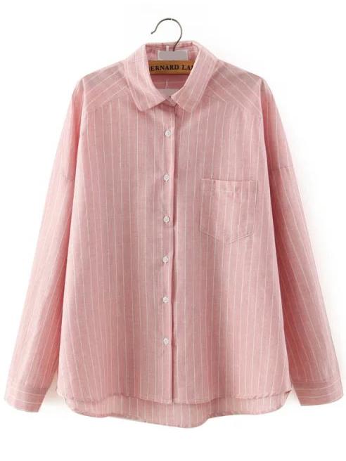 Romwe Lapel Vertical Striped Dip Hem Pocket Pink Blouse