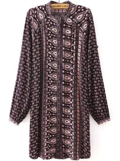 Romwe Stand Collar Paisley Print Shift Dress