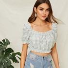 Romwe Square Neck Frill Trim Gingham Crop Top