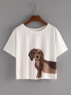 Romwe White Dog Print Crop T-shirt