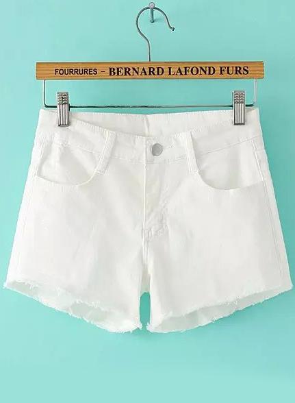 Romwe Fringe With Pockets Slim White Shorts
