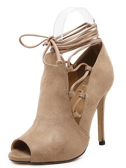 Romwe Apricot Cutout Lace-up Peep Toe Heeled Sandals