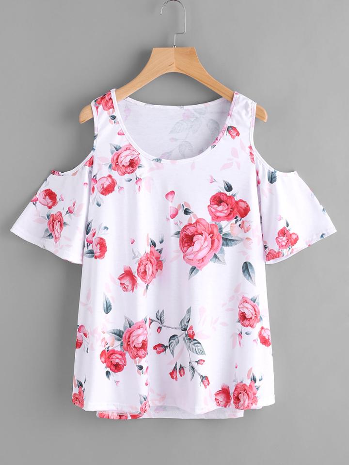 Romwe Open Shoulder Floral Print Top