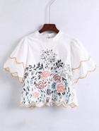 Romwe Scalloped Trim Embroidered Detail Blouse