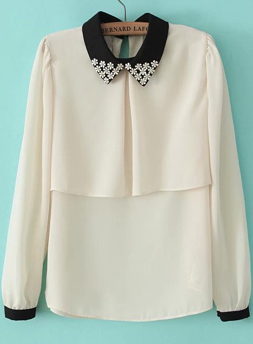 Romwe Contrast Collar Bead Loose Beige Blouse