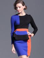 Romwe Multicolor Round Neck Long Sleeve Ruffle Dress