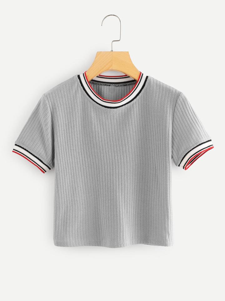 Romwe Colorful Striped Cuff Tee