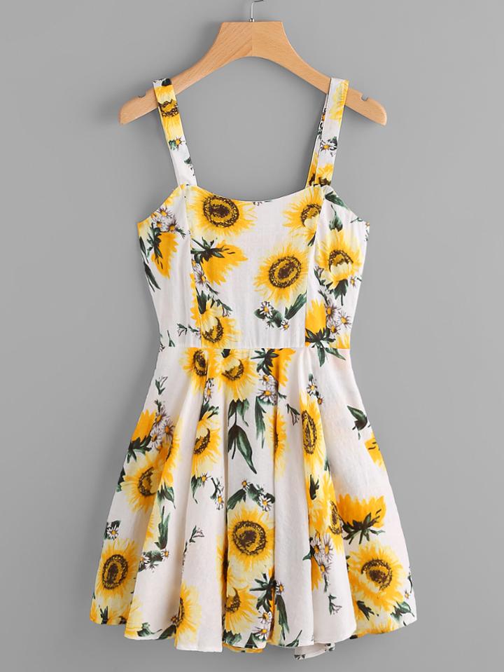 Romwe Sunflower Print Random Cami Dress