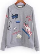 Romwe Animal Embroidered Grey Sweatshirt