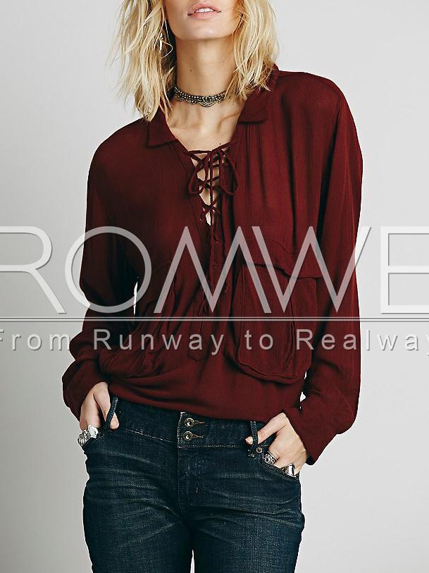 Romwe Burgundy Long Sleeve Lace Up Blouse