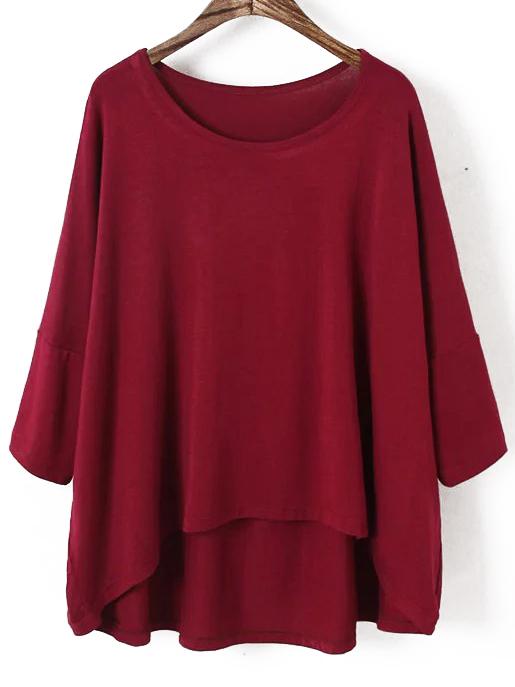 Romwe Burgundy Bat Sleeve Dip Hem T-shirt